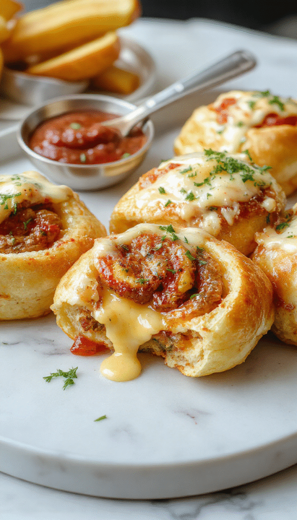 Colorful cheeseburger rollups arranged on a rustic wooden platter with a glossy garlic butter glaze, melted cheese oozing, topped with fresh herbs, styled for a cozy meal shot