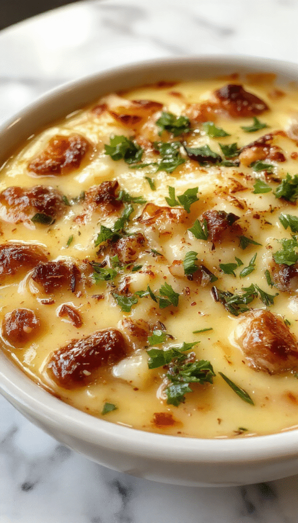A close-up of a freshly baked French Onion Soup Pizza on a rustic wooden board, topped with caramelized onions, melted cheese, and crispy crust. The vibrant golden-brown onions and rich cheese contrast with the pizza's flaky, golden edge, garnished with fresh herbs and served alongside a small bowl of extra caramelized onions.