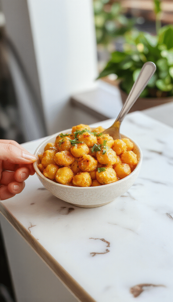 A vibrant bowl of butter chickpeas placed on a rustic wooden table. The dish showcases creamy, golden chickpeas coated in rich butter sauce, garnished with fresh cilantro. Surrounding elements include naan bread and sliced vegetables, emphasizing Indian flavors with colorful spices and textures.