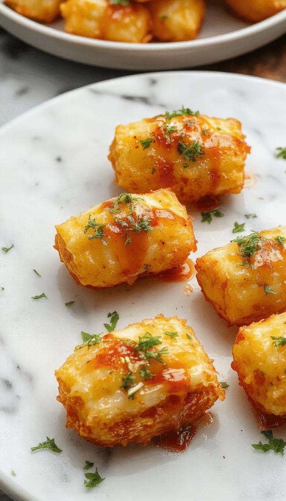 Colorful platter of crispy golden tater tot appetizers topped with melted cheese, bacon bits, green onions, and dollops of sour cream, styled on a rustic wooden board with a vibrant background.