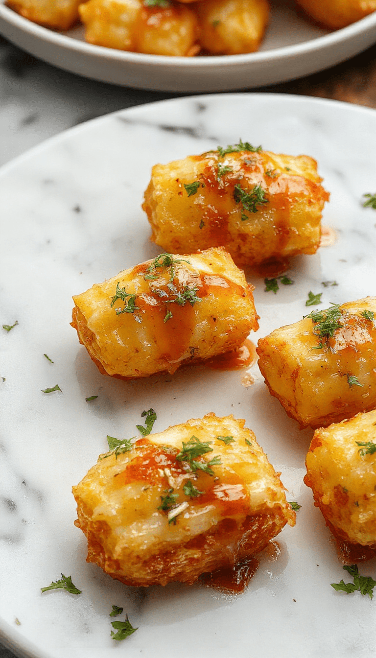 Colorful platter of crispy golden tater tot appetizers topped with melted cheese, bacon bits, green onions, and dollops of sour cream, styled on a rustic wooden board with a vibrant background.