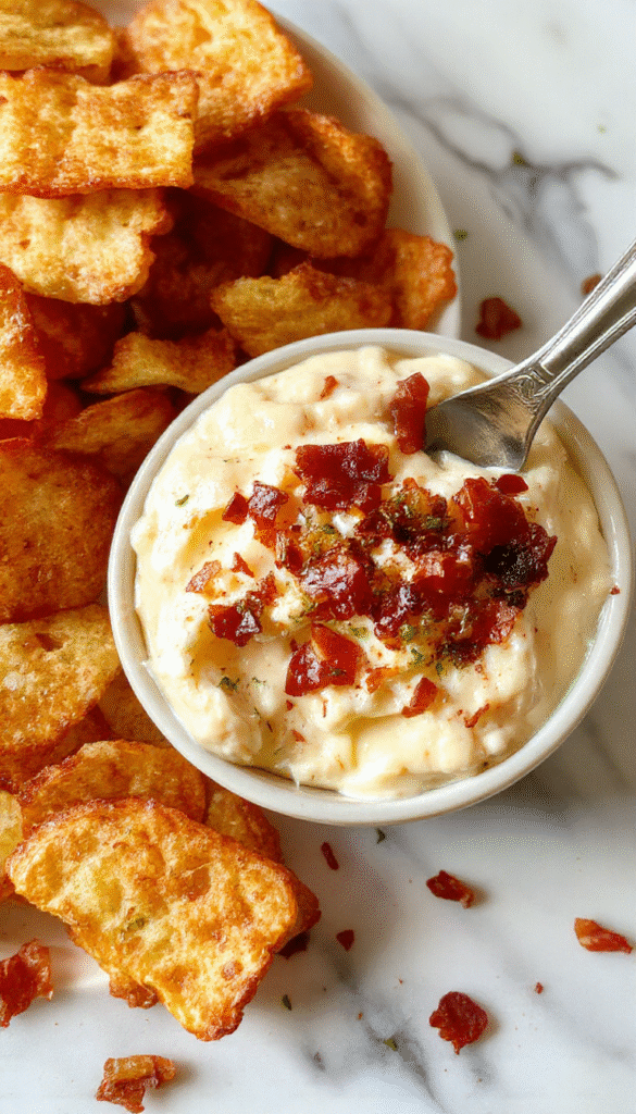 A creamy cheesy dip with crispy bacon bits and drizzles of maple syrup, served in a rustic white bowl on a wooden board surrounded by fresh herbs and crispy bacon slices, with a golden-brown crust and glossy maple glaze on top, styled for a cozy appetizer presentation.