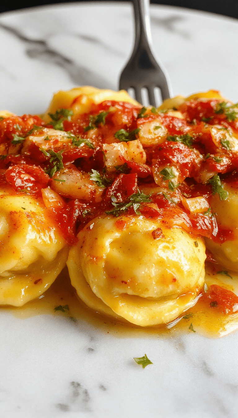 A vibrant plate of Marry Me Tortellini featuring golden, cheese-filled tortellini arranged attractively on a white ceramic plate, topped with fresh basil leaves and drizzled with a creamy sauce. The dish is garnished with grated Parmesan and set against a rustic wooden background with a fork and a sprig of basil for a pop of color, showcasing a warm and inviting Italian-inspired meal.