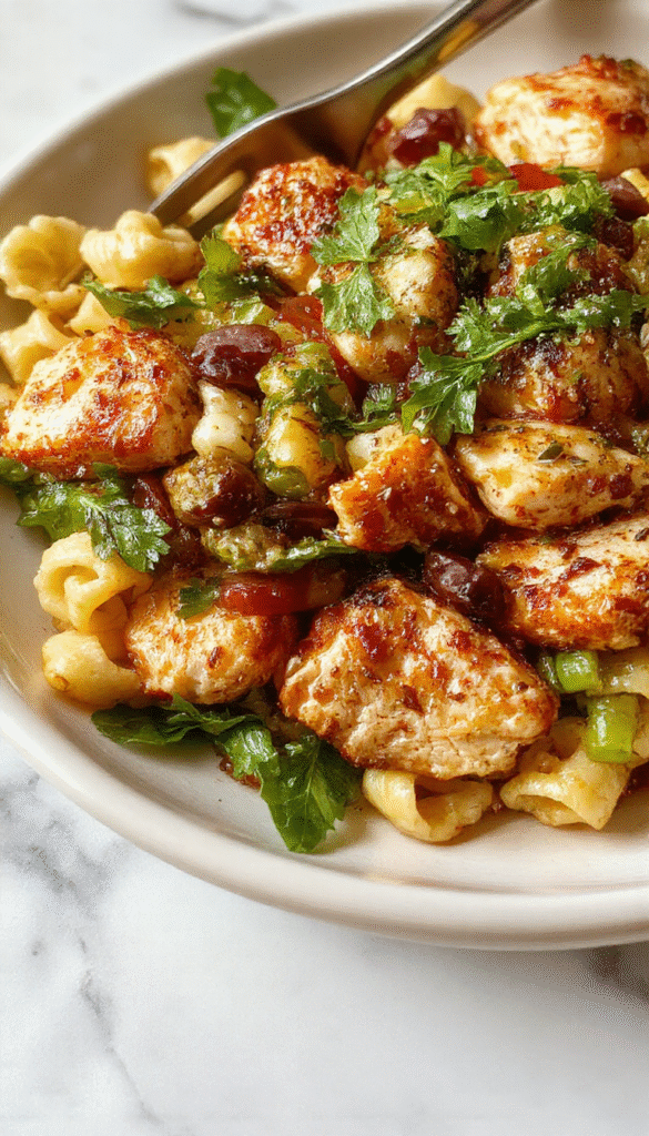 Vibrant colorful Mediterranean chicken pasta salad on a white plate garnished with fresh herbs, cherry tomatoes, black olives, and feta cheese, showcasing a variety of textures and Mediterranean ingredients, styled with a rustic touch.
