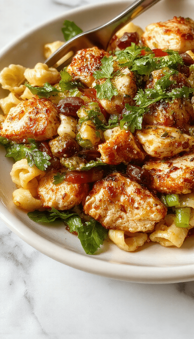 Vibrant colorful Mediterranean chicken pasta salad on a white plate garnished with fresh herbs, cherry tomatoes, black olives, and feta cheese, showcasing a variety of textures and Mediterranean ingredients, styled with a rustic touch.