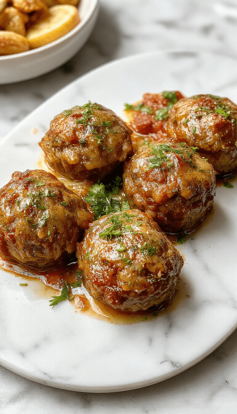 A close-up of golden-brown italian meatballs glazed with a rich tomato sauce, arranged neatly on a rustic white plate garnished with fresh basil leaves, surrounded by melted cheese and herbs, with a wooden table background.
