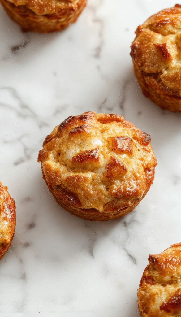 Colorful image of golden-brown mini apple pies baked in a muffin tin, topped with a sprinkle of cinnamon sugar, arranged on a rustic wooden platter with fresh apple slices and a dusting of powdered sugar, showcasing flaky crust and tender apple filling with a warm, inviting atmosphere.