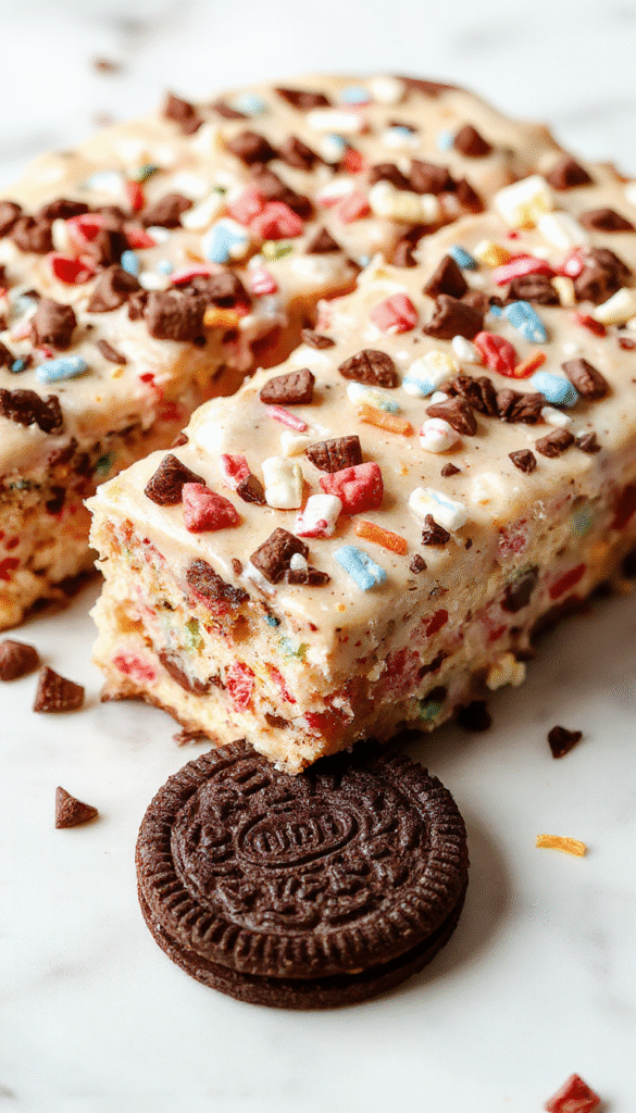 A vibrant, layered no-bake funfetti Oreo icebox cake showcasing colorful sprinkles and crushed Oreo cookies layered beautifully in a glass dish, topped with whipped cream and sprinkles, with a close-up highlighting the creamy texture and crunchy cookie bits, styled on a rustic wooden surface with playful sprinkles scattered around