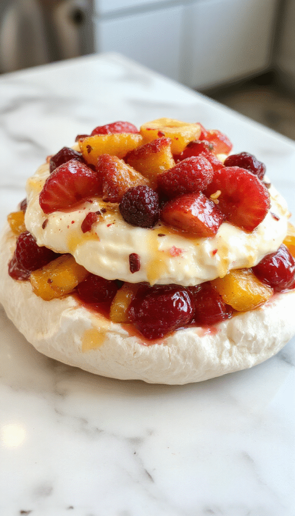 A stunning pavlova topped with whipped cream and an assortment of fresh colorful fruits including strawberries, blueberries, kiwi slices, and raspberries. The meringue base is crisp outside with a soft interior, presented on a white platter with a light dusting of powdered sugar and glistening fruit toppings, styled with a mint leaf garnish.