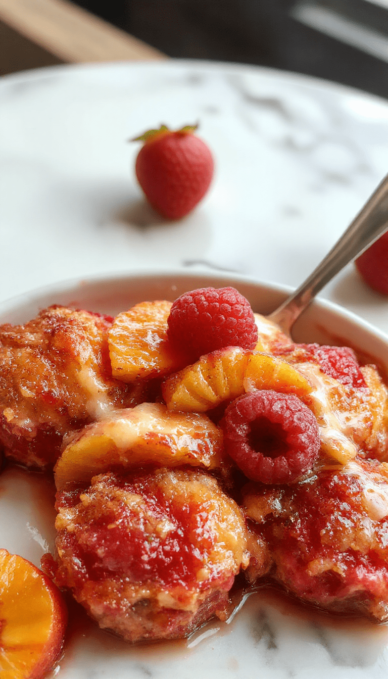 A vibrant and colorful cobbler displayed on a rustic wooden table, featuring a golden-brown crust topped with fresh sliced peaches and raspberries, garnished with mint leaves. The filling looks juicy and bursting with fruit, while the crust is flaky and inviting, with a slight sugar glaze that reflects light, evoking a warm, summery dessert atmosphere.