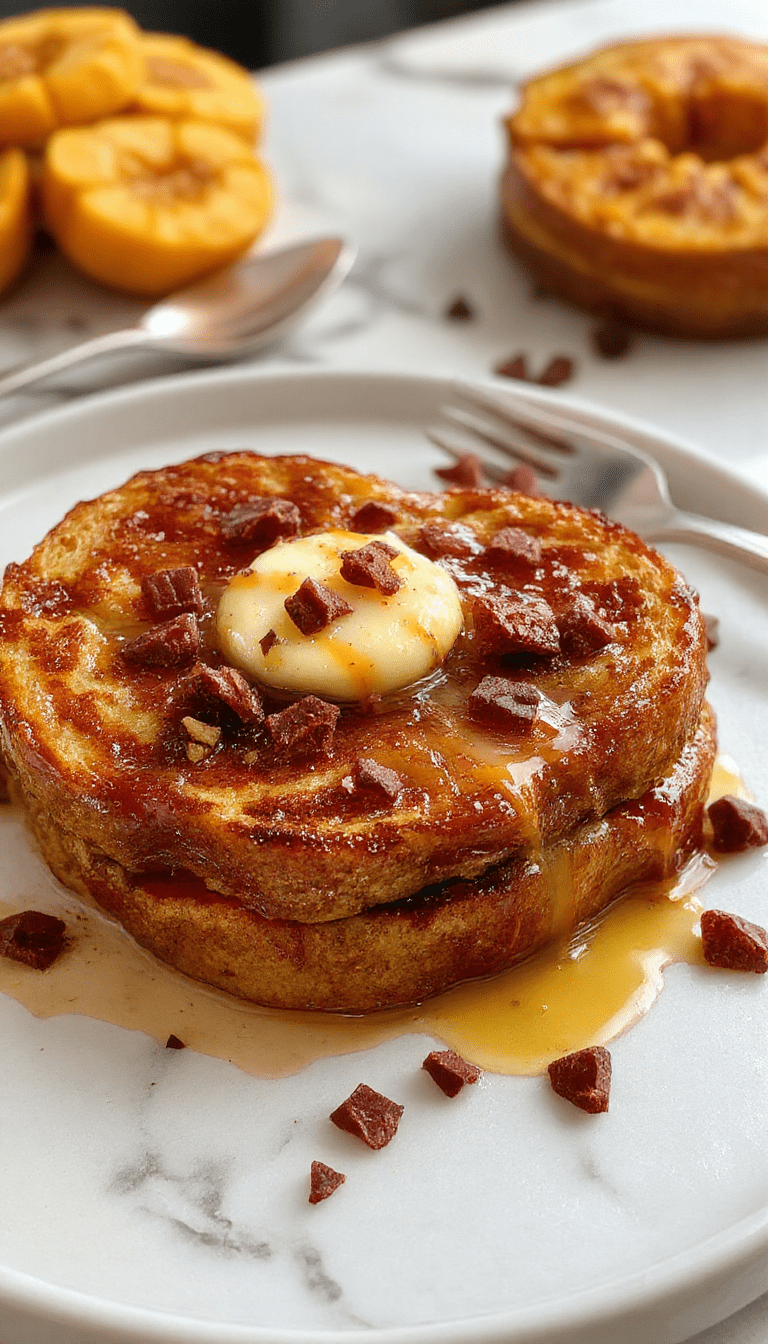 A vibrant plate of pumpkin French toast topped with whipped cream, caramelized pecans, and a dusting of powdered sugar. The French toast slices are golden brown with a crispy exterior and soft interior, garnished with fresh pumpkin slices and a drizzle of maple syrup. The presentation is warm and inviting with autumn-themed styling, set on a rustic wooden table with a cozy background.