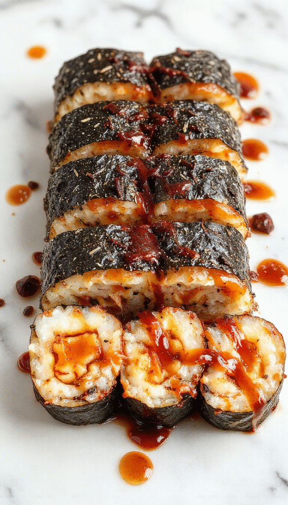 A vibrant sushi bake served in a clear glass dish, topped with avocado slices, sesame seeds, and drizzled with spicy mayo. The dish displays layers of seasoned rice, seafood, and creamy toppings, with chopsticks resting beside it on a wooden table, evoking a colorful and appetizing presentation.