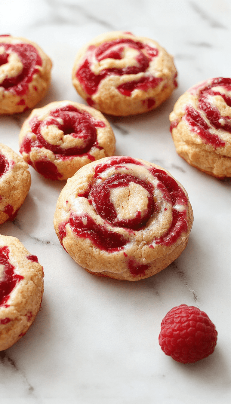 A close-up shot of vibrant raspberry swirl cookies arranged on a white plate. The cookies have a golden-brown edge with a vivid red raspberry swirl pattern visible on top, textured with a crumbly surface. The cookies are garnished with a few fresh raspberries and mint leaves, styled on a rustic wooden background with soft natural lighting highlighting their colorful appearance and tempting appeal.