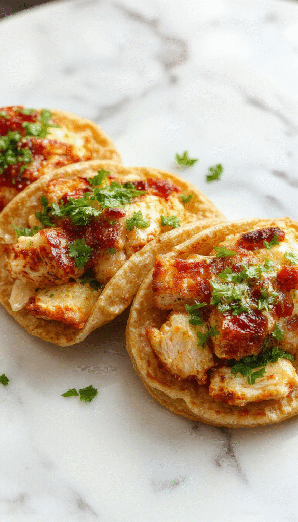 A vibrant plate of golden crispy tostadas topped with tender shredded rotisserie chicken, bright salsa, melted cheese, and fresh cilantro, styled on a rustic wooden table with colorful background elements.