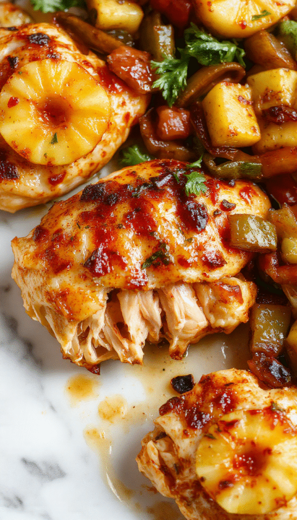 Colorful sheet pan meal featuring golden roasted chicken, caramelized pineapple chunks, vibrant red and yellow peppers, garnished with fresh herbs, served on a rustic baking sheet, lively and appetizing presentation