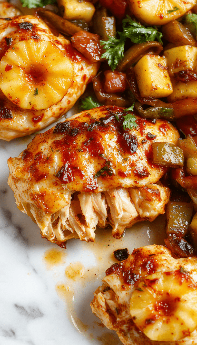 Colorful sheet pan meal featuring golden roasted chicken, caramelized pineapple chunks, vibrant red and yellow peppers, garnished with fresh herbs, served on a rustic baking sheet, lively and appetizing presentation