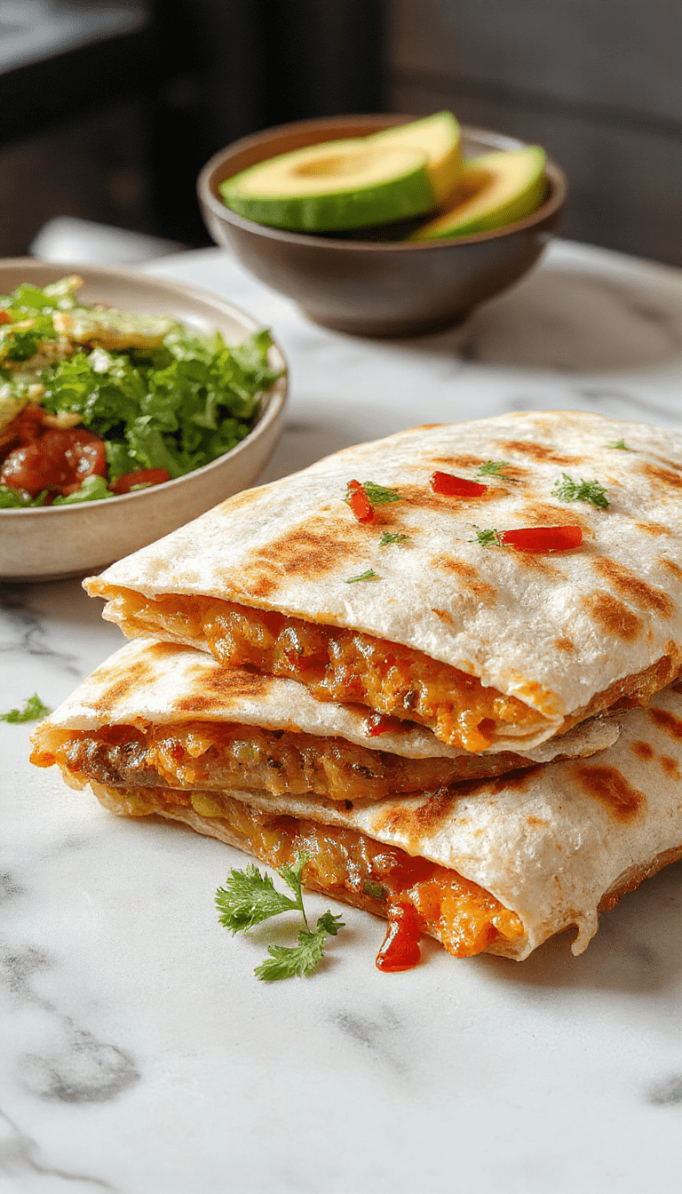 Colorful smashburger quesadillas plated on a rustic wooden board, showcasing crispy golden-brown tortillas filled with melted cheese, juicy burger patties, fresh toppings, served with sides of pico de gallo and sour cream, styled with vibrant garnishes for a mouthwatering look.