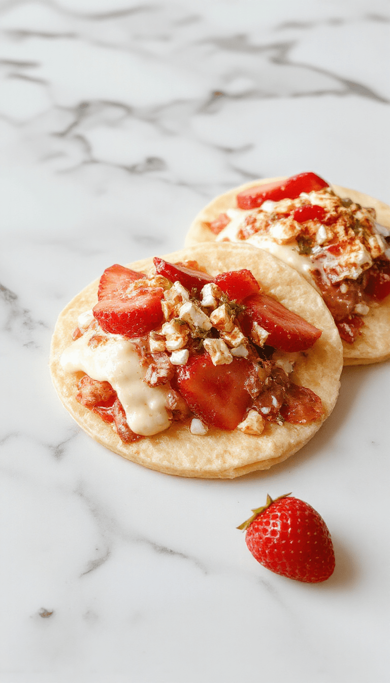 Colorful close-up of creamy cheesecake filling layered with fresh, sliced strawberries and crunchy graham cracker crust inside crispy taco shells, garnished with powdered sugar and mint leaves, styled on a white plate with a vibrant background.