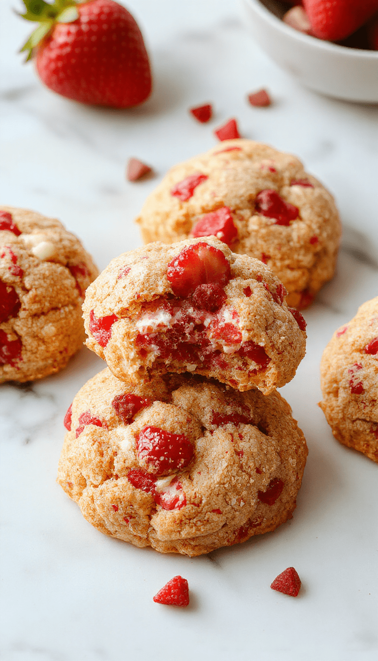 Colorful plate of strawberry crunch cookies featuring golden-brown edges, vibrant red strawberry pieces embedded in a crunchy topping, and a lightly crumbly texture, styled on a rustic wooden surface with fresh strawberries nearby and soft natural lighting.