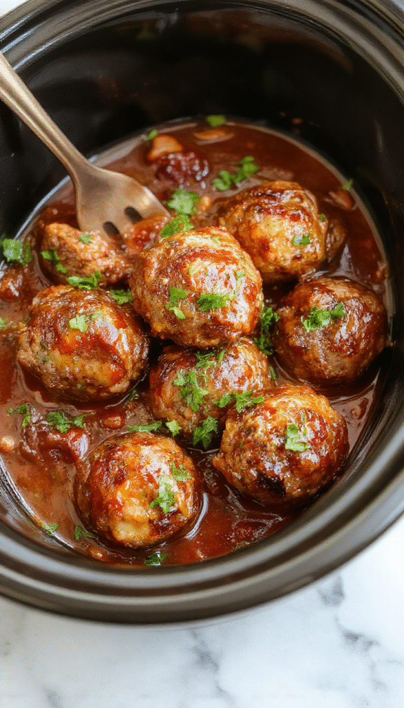 A close-up of a glossy bowl of sweet chili meatballs garnished with chopped cilantro and sesame seeds, served over a bed of rice with a vibrant red and orange sweet chili sauce, alongside fresh vegetables and a sprinkle of green herbs, styled on a rustic white plate.