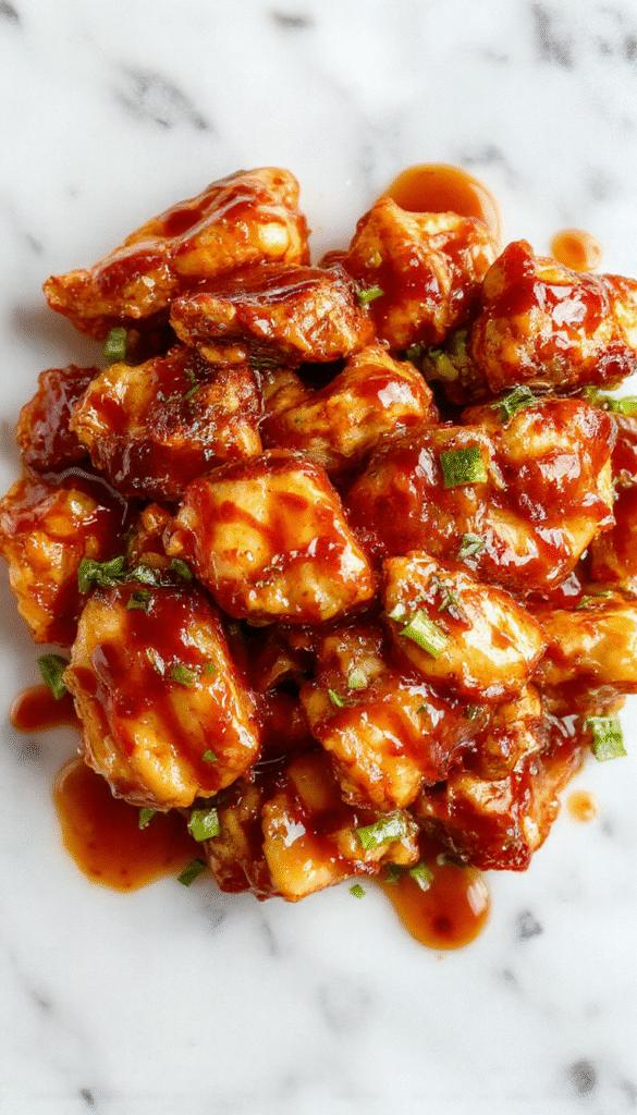 Colorful stir fry featuring golden-brown chicken pieces coated in glossy teriyaki sauce, vibrant broccoli, red bell peppers, and snap peas on a white plate with a glossy sheen, garnished with sesame seeds and chopped green onions, styled with chopsticks on a rustic wooden table.