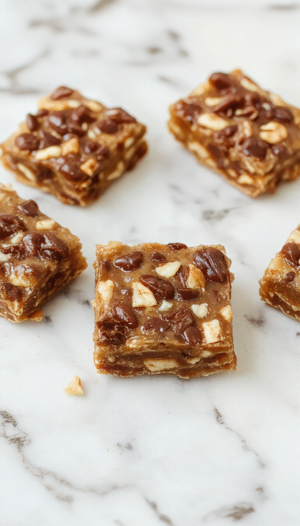 A close-up of freshly baked Turtle Bars with a glossy caramel topping, drizzled with melted chocolate, and sprinkled with chopped nuts, arranged on a rustic wooden platter, showcasing gooey textures and rich colors.