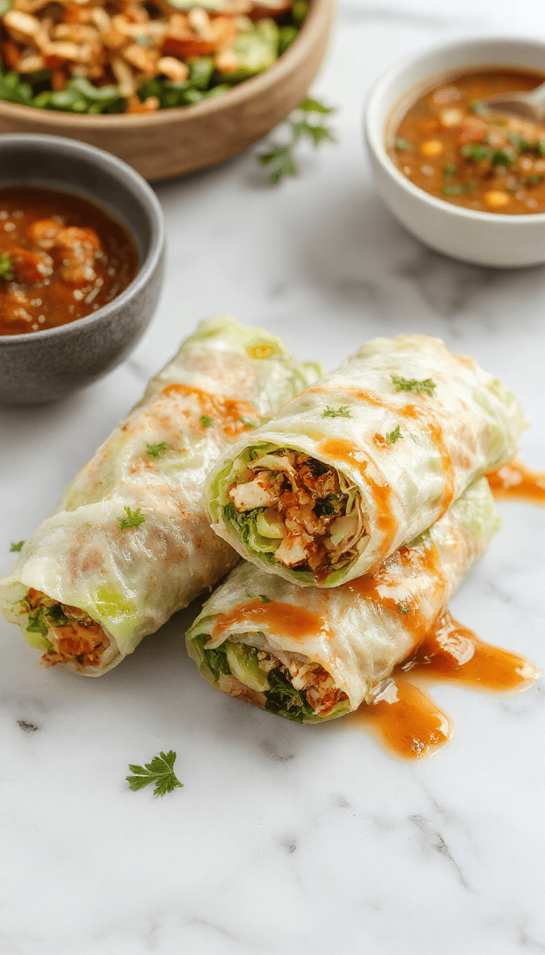 A vibrant plate featuring rolled cabbage leaves filled with seasoned ground meat and rice, garnished with fresh herbs and a side of tangy sauce, set on a rustic wooden table with colorful vegetables around, showcasing the textures of tender cabbage and savory fillings.