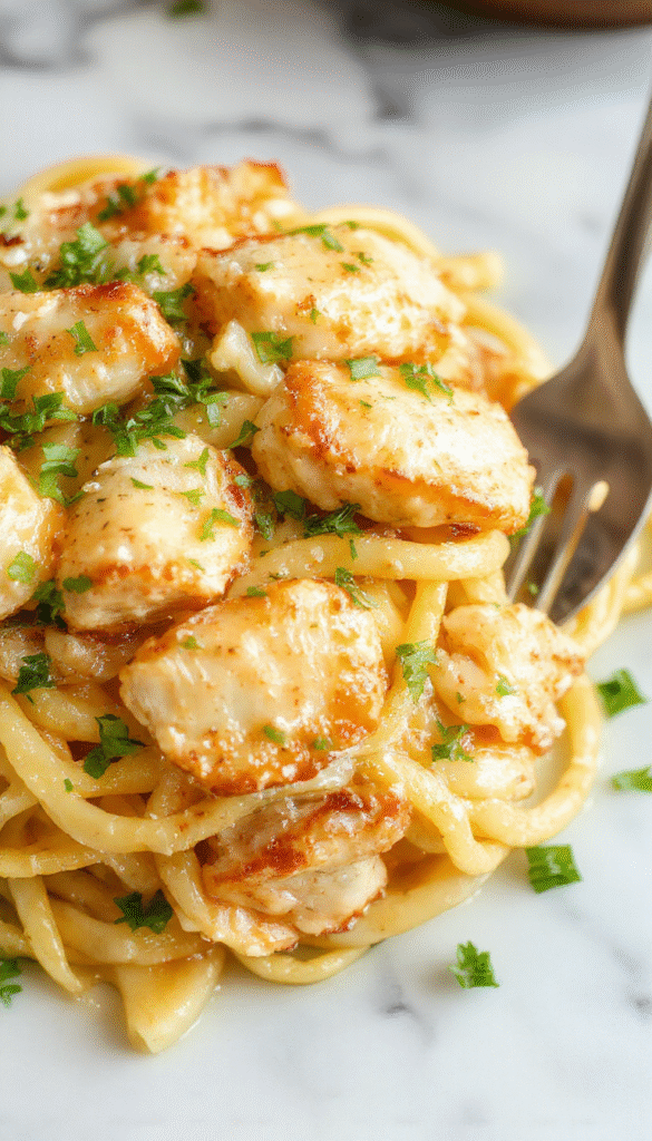 A close-up of a white plate filled with buttery noodles topped with tender chicken pieces, garnished with chopped herbs. The noodles are glossy and golden, with steam rising, set against a rustic wooden table with a sprinkle of additional herbs for garnish.