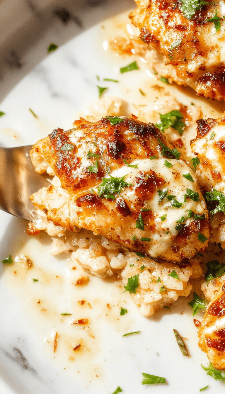A colorful plate featuring fluffy baked chicken rice topped with creamy tzatziki sauce, garnished with fresh herbs, served on a rustic white plate with a side of cucumbers and cherry tomatoes, vibrant and inviting.