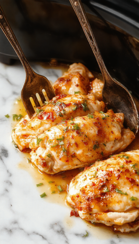 A close-up of a creamy chicken dish served in a white bowl, topped with fresh herbs. The dish has a rich, golden-brown sauce with tender chicken pieces, garnished with chopped parsley and red pepper flakes for color contrast. The background shows a rustic wooden table with a spoon and a side of steamed vegetables.