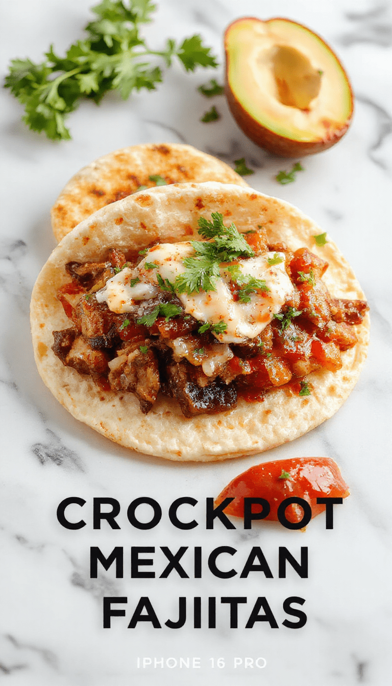 Colorful plate of sizzling crockpot fajitas with vibrant bell peppers, tender strips of chicken and beef, garnished with fresh cilantro and lime wedges, served on a rustic white dish with warm tortillas in the background, styled for a cozy dinner setting