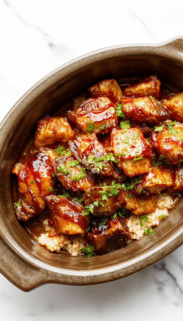 A vibrant image of tender, glazed Crockpot Teriyaki Chicken served on a white plate, garnished with sliced green onions and sesame seeds, with a glossy sauce coating the chicken pieces, set against a rustic wooden background with chopsticks on the side.