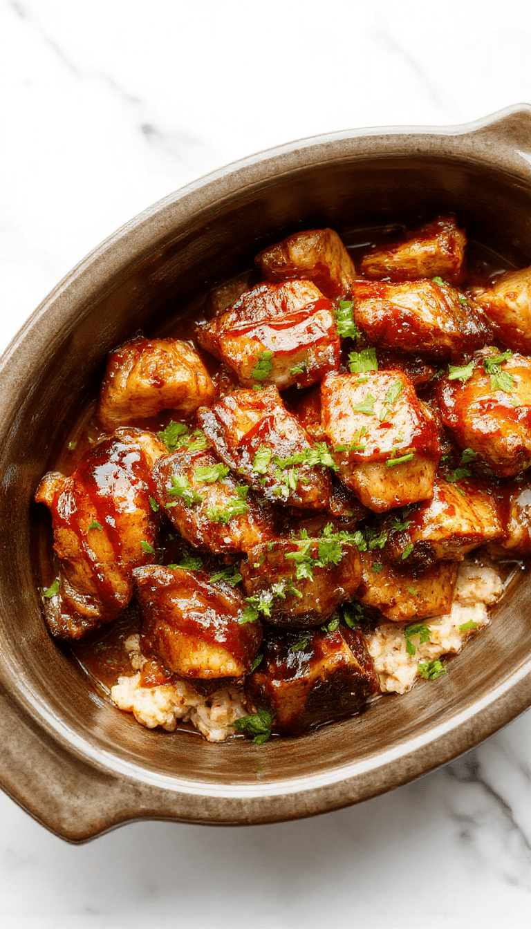 A vibrant image of tender, glazed Crockpot Teriyaki Chicken served on a white plate, garnished with sliced green onions and sesame seeds, with a glossy sauce coating the chicken pieces, set against a rustic wooden background with chopsticks on the side.