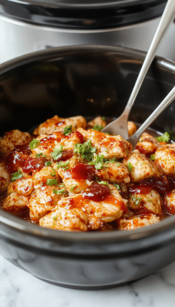 Colorful plate featuring shredded tender chicken glazed with glossy teriyaki sauce, topped with sesame seeds and chopped green onions, served with steamed rice and vibrant stir-fried vegetables, styled with a wooden utensil on a rustic background.