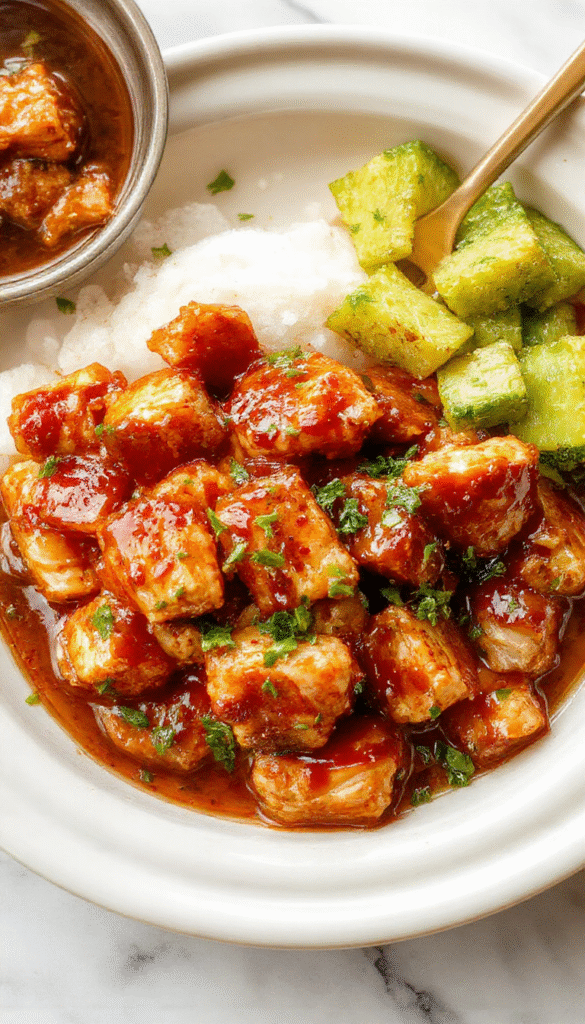 Colorful image of tender shredded chicken glazed in glossy teriyaki sauce, served in a white bowl with sesame seeds and chopped green onions on a rustic wooden table, steamed rice and vibrant vegetables in the background.