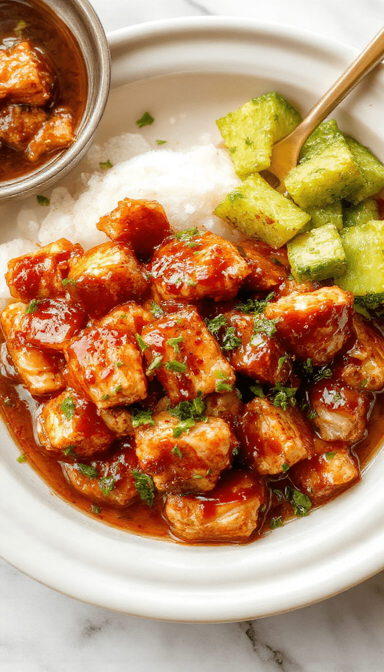 Colorful image of tender shredded chicken glazed in glossy teriyaki sauce, served in a white bowl with sesame seeds and chopped green onions on a rustic wooden table, steamed rice and vibrant vegetables in the background.