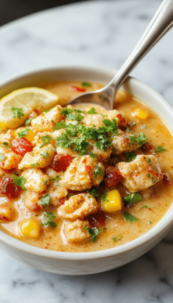 A vibrant bowl of Mexican chicken chili garnished with fresh cilantro and lime, showcasing colorful corn kernels, tender shredded chicken, and a creamy, spicy broth, with a side of crispy tortilla chips and lime wedges on a rustic wooden table.