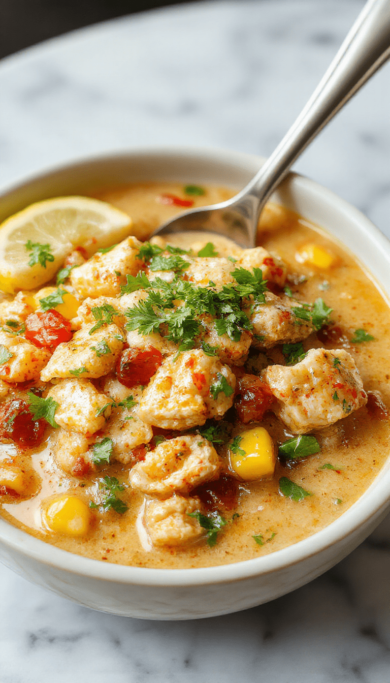 A vibrant bowl of Mexican chicken chili garnished with fresh cilantro and lime, showcasing colorful corn kernels, tender shredded chicken, and a creamy, spicy broth, with a side of crispy tortilla chips and lime wedges on a rustic wooden table.