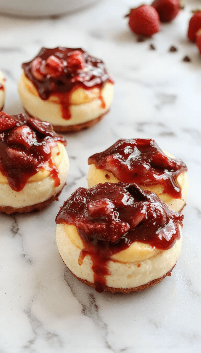 Colorful mini cheesecakes with smooth, creamy tops topped with fresh berries and mint leaves, neatly arranged on a white platter, showcasing their delicate textures and golden crusts, styled with a pastel backdrop for a charming dessert presentation.