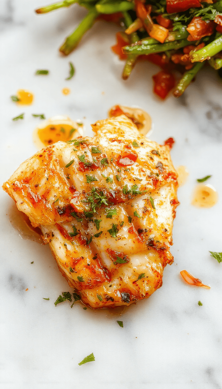 Colorful plated tilapia fillet topped with vibrant roasted red and yellow peppers in a glossy sauce, garnished with fresh herbs on a white plate with a rustic wooden background.
