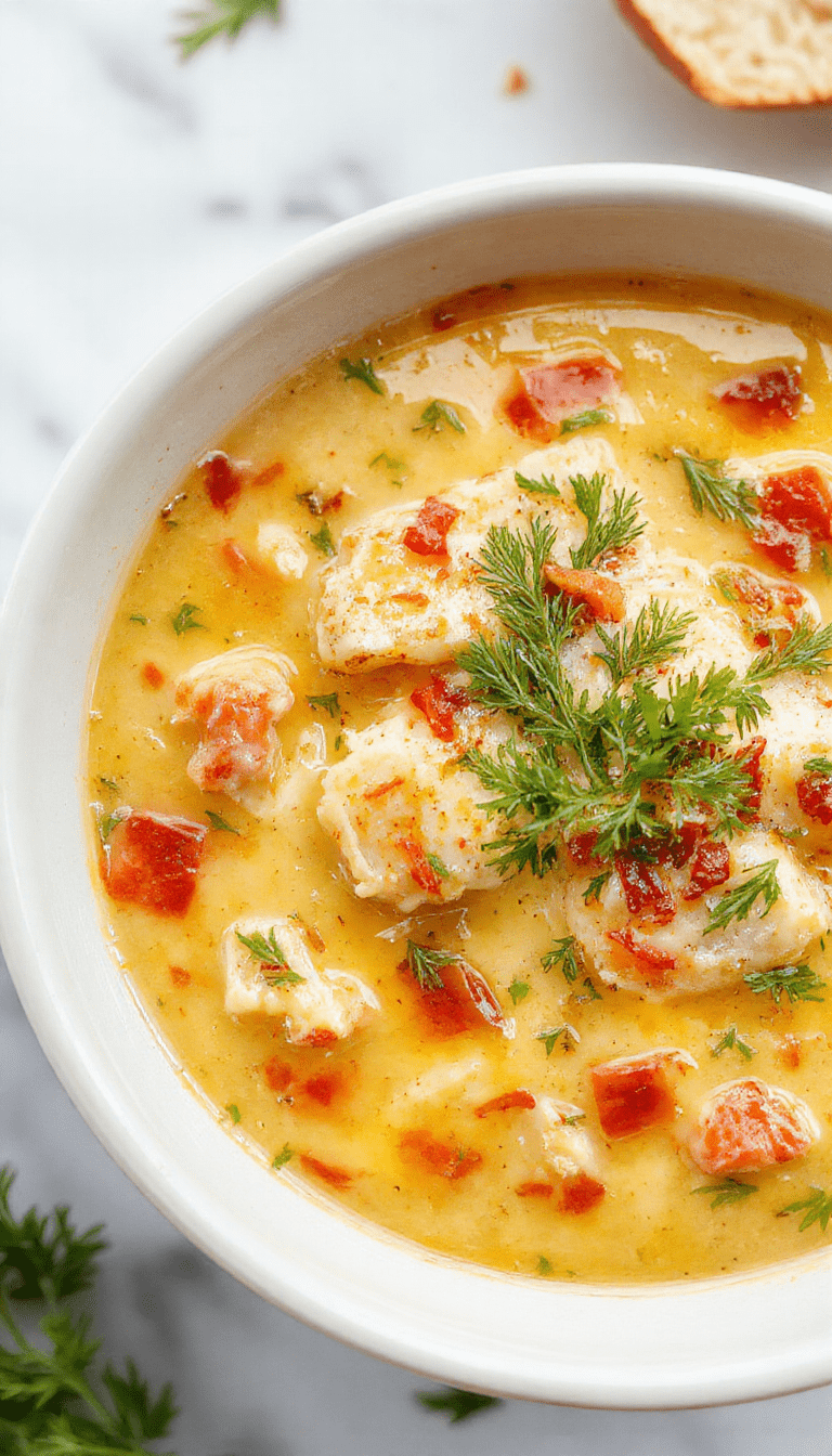 A warm, hearty bowl of chicken parmesan soup featuring tender shredded chicken, melting cheese, and vibrant tomato sauce, garnished with fresh basil on a rustic wooden table.