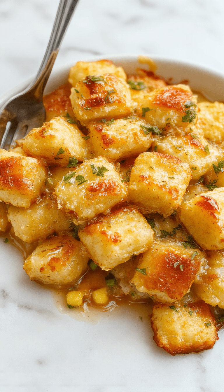 A vibrant plate featuring a golden-brown baked tater tot casserole garnished with fresh chopped parsley, served on a rustic wooden table. The casserole has a crispy, cheesy top layer with visible layers of seasoned meat and vegetables beneath, inviting and warm in appearance.