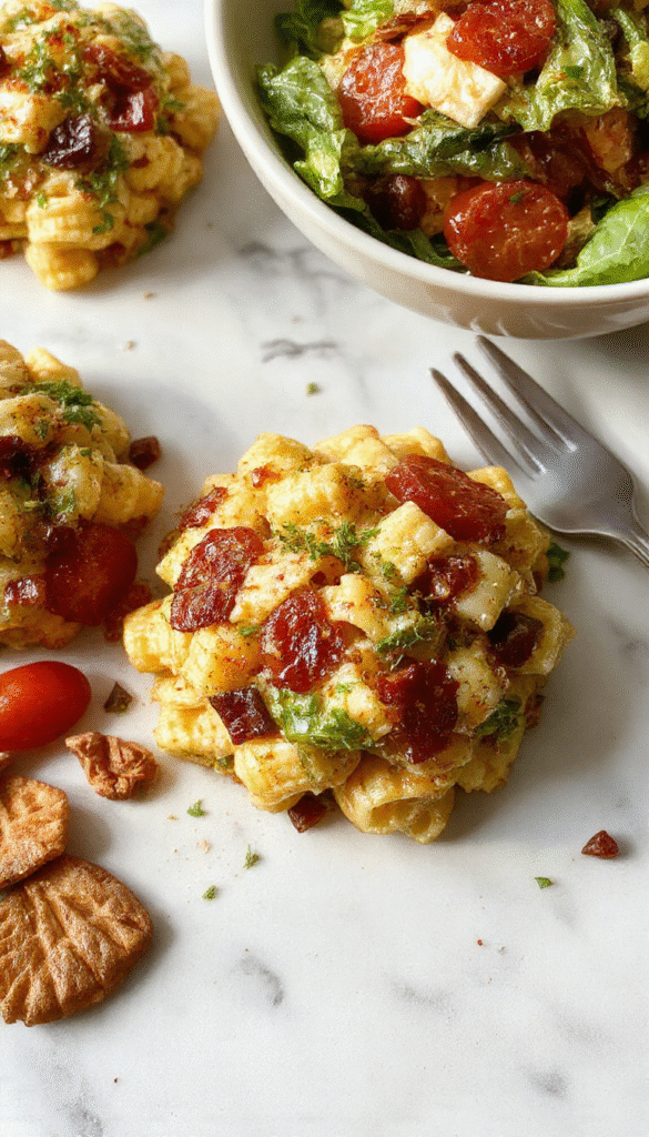 A vibrant bowl of fall harvest pasta salad featuring colorful spiral pasta, diced butternut squash, crunchy green apples, cherry tomatoes, and crumbled feta cheese, garnished with fresh herbs on a rustic wooden table with a fall-themed backdrop.