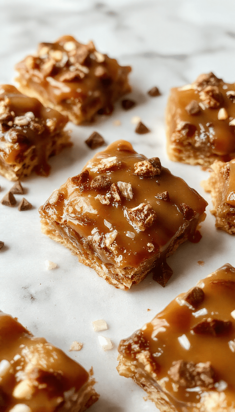 Colorful salted caramel apple bars arranged on a rustic wooden surface, with golden caramel drizzle and sprinkled sea salt. The bars feature a layered look with caramel, apple slices, and crumbly crust, styled with autumn leaves and cinnamon sticks for a cozy fall vibe.