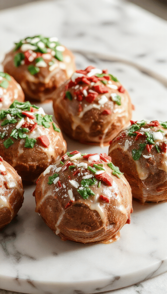 A vibrant Christmas hot chocolate bomb on a white plate, decorated with colorful sprinkles and mini marshmallows, with melted chocolate spilling out as it is broken open, surrounded by festive holiday decor in warm tones.
