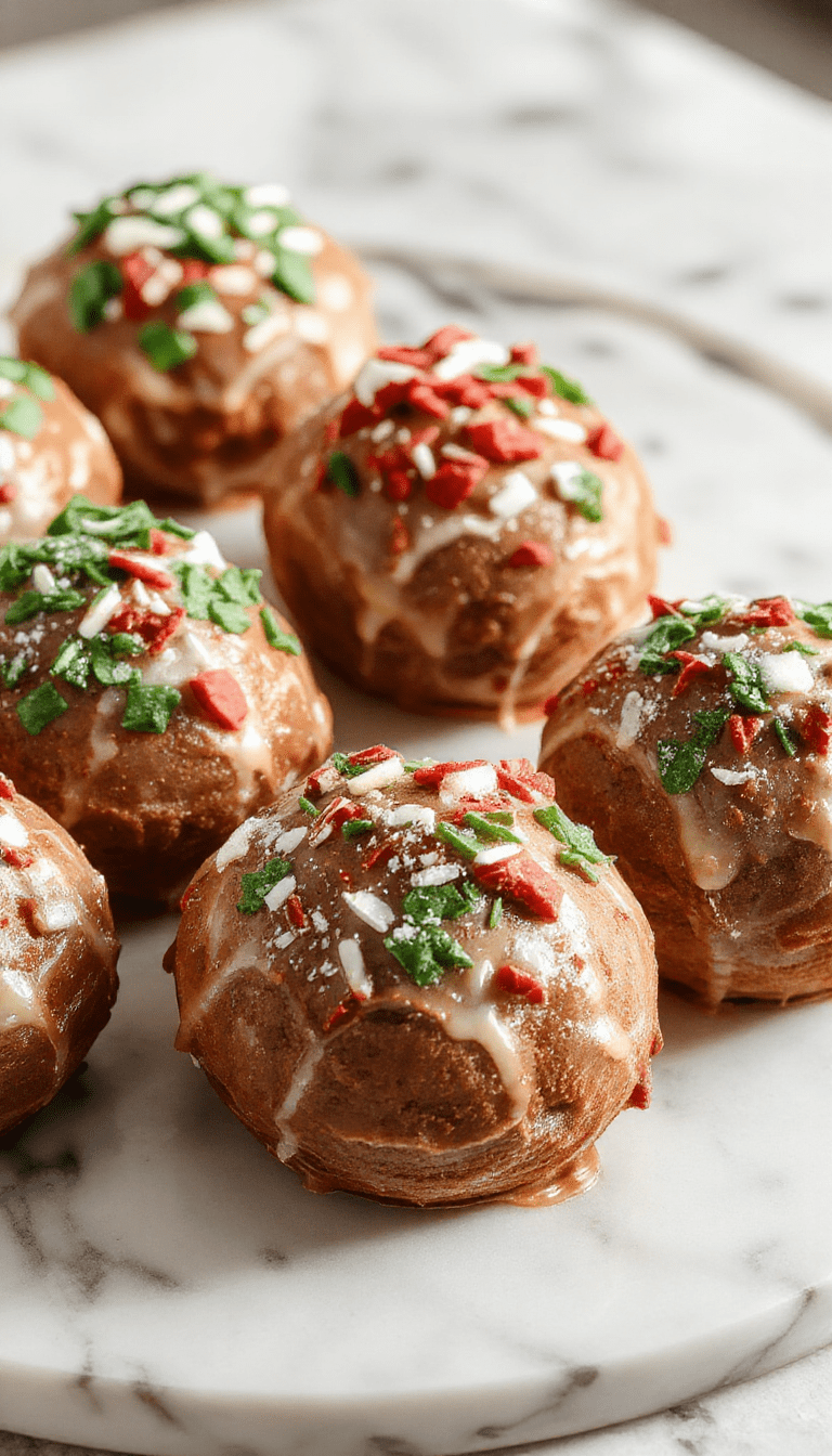 A vibrant Christmas hot chocolate bomb on a white plate, decorated with colorful sprinkles and mini marshmallows, with melted chocolate spilling out as it is broken open, surrounded by festive holiday decor in warm tones.