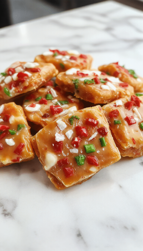 A close-up shot of shiny, golden Christmas toffee arranged on a festive platter, topped with chopped nuts and drizzled with chocolate. The toffee pieces are glossy, with a buttery texture visible, and the background features holiday decorations in warm tones, evoking a cozy, joyful atmosphere.