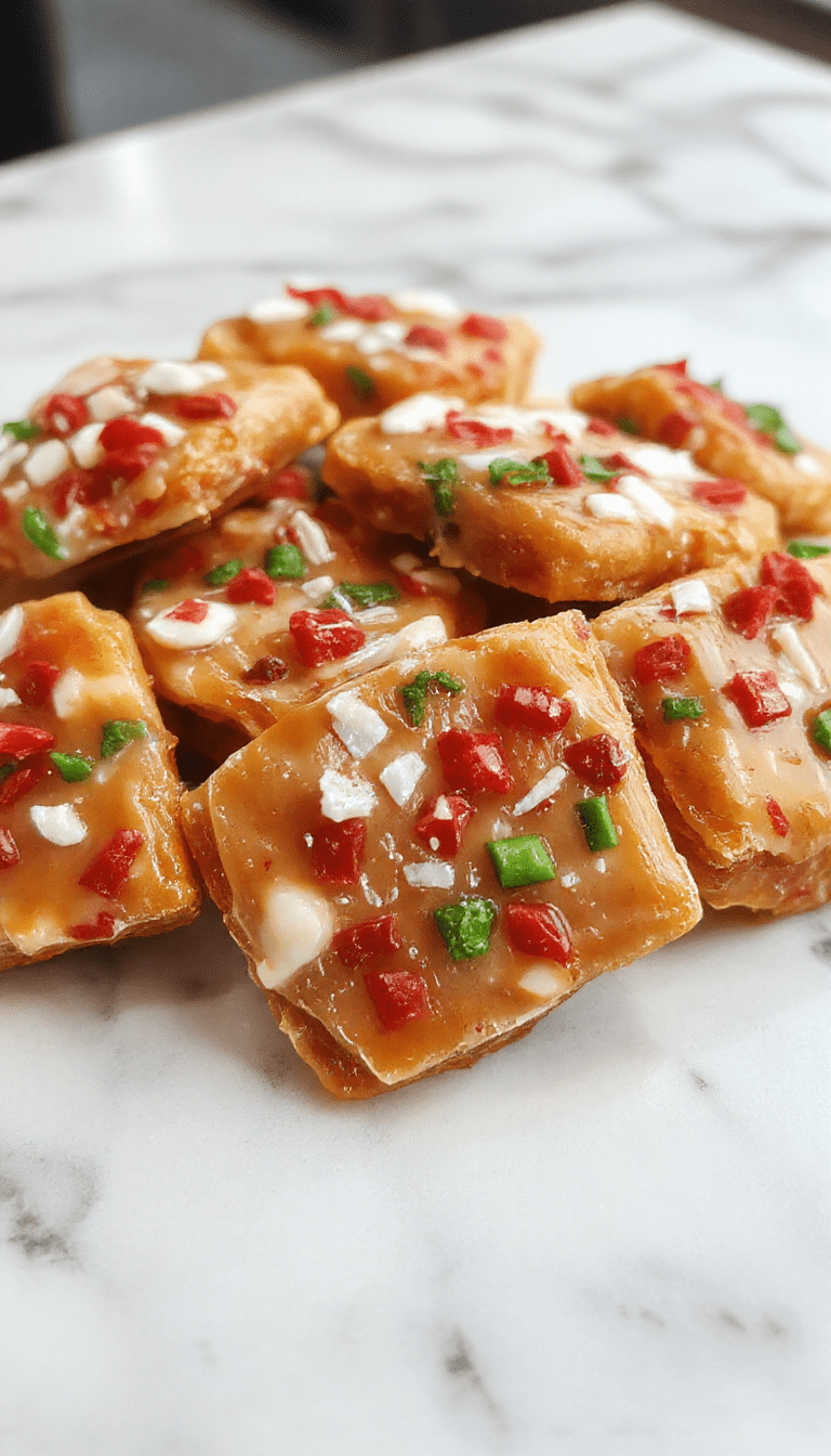 A close-up shot of shiny, golden Christmas toffee arranged on a festive platter, topped with chopped nuts and drizzled with chocolate. The toffee pieces are glossy, with a buttery texture visible, and the background features holiday decorations in warm tones, evoking a cozy, joyful atmosphere.