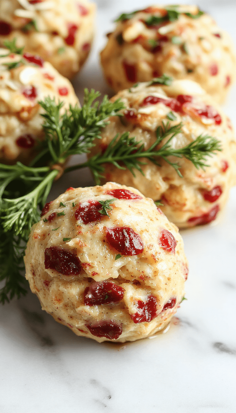 Colorful holiday appetizer of golden-brown stuffing balls filled with vibrant red cranberries and tender turkey, arranged on a white platter garnished with fresh herbs. The texture appears crispy on the outside with a moist, savory interior, styled with festive holiday decorations in the background.