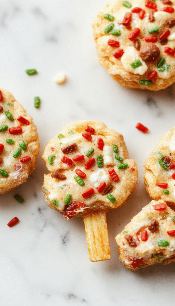 Vibrant and colorful Christmas-themed kid-friendly food arranged on a festive table. The platter includes mini sandwiches, cheerful cookies, and fruit decorations, all styled with holiday-themed toppings like sprinkles, sprigs of holly, and festive ribbons. The textures are crisp, fluffy, and chewy, with bright reds, greens, and golds accenting the presentation.